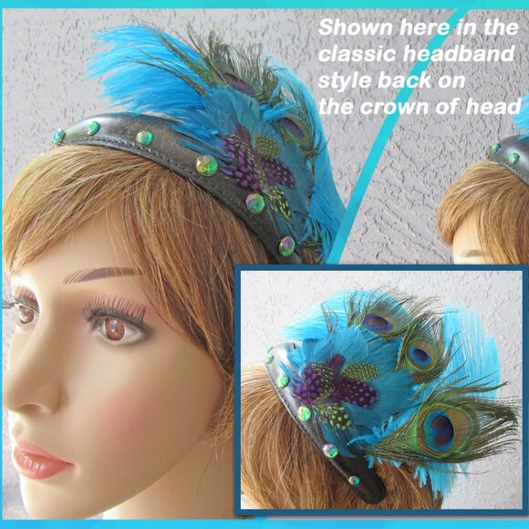 Deco inspired headband, 20s Flapper style, Peacock, blue, teal feathers on black - Picture 8 of 12